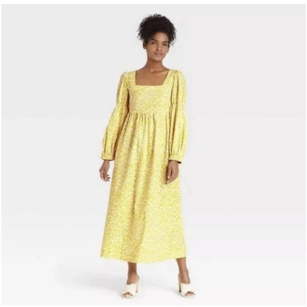 Who What Wear Women Long Balloon Sleeves Maxi Dress Citrus Leopard Yellow XL